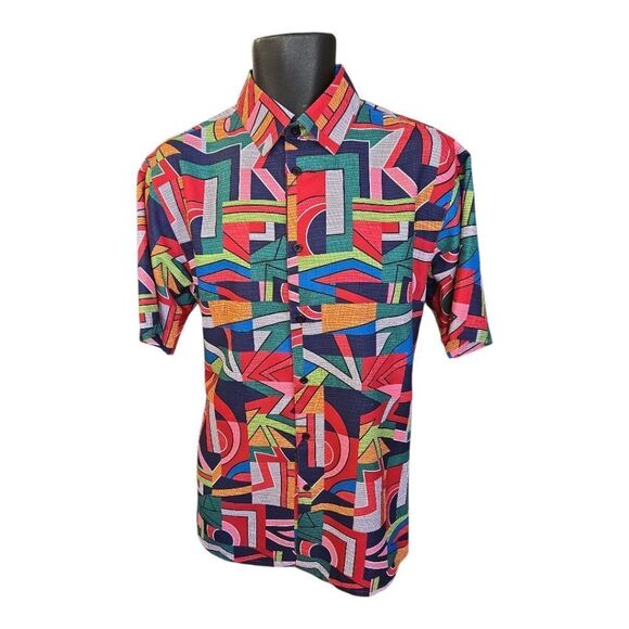 BASSIRI MEN'S CASUAL ABSTRACT SHORT SLEEVE SHIRT. ROYAL GREEN RED PINK. 1057 - Picture 2 of 5